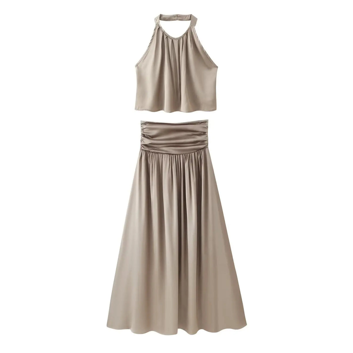 Women's Fashion Casual Satin Top Skirt Set Women Satin Halter Crop Top And High Waist Midi Skirt Two Piece Set Pure Desire TVYO