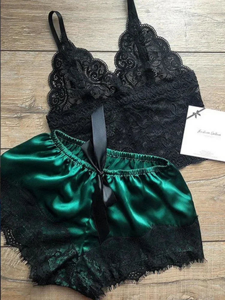 Summer Sexy 2 Pieces Pajamas Set for Women Sleepwear Lingerie Lace Silk Crop Tops and Shorts Sets Casual Nightwear Pijamas