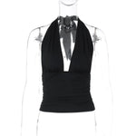 FDYOUI Sexy Deep V-neck Bandage Solid Crop Tops Women's 2026 Summer Halter Off Shoulder Sleeveless T-shirt Vacation Corset Top