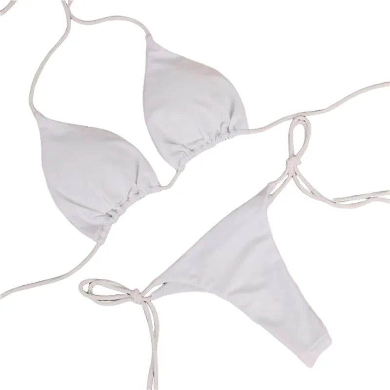 2025 Sexy Halter Solid Color Bikini Set Women's Swimsuit Two-Piece Triangle Thong Swimwear Bathing Suit for Beach Biquinis