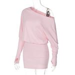 Woman Clothes Diagonal Collar Long Sleeve Package Hip Short Dress Streetwear Black Pink High Waist Tunics Slim Party Dresses
