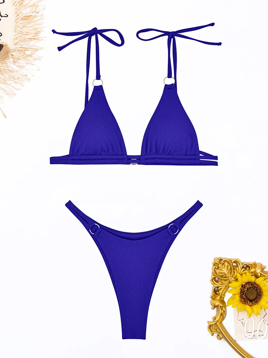 Ring Link Bikini 2025 Solid Sexy Swimsuit Women Padded Swimwear Female Bathers Bathing Swimming Swim Suit Beachwear