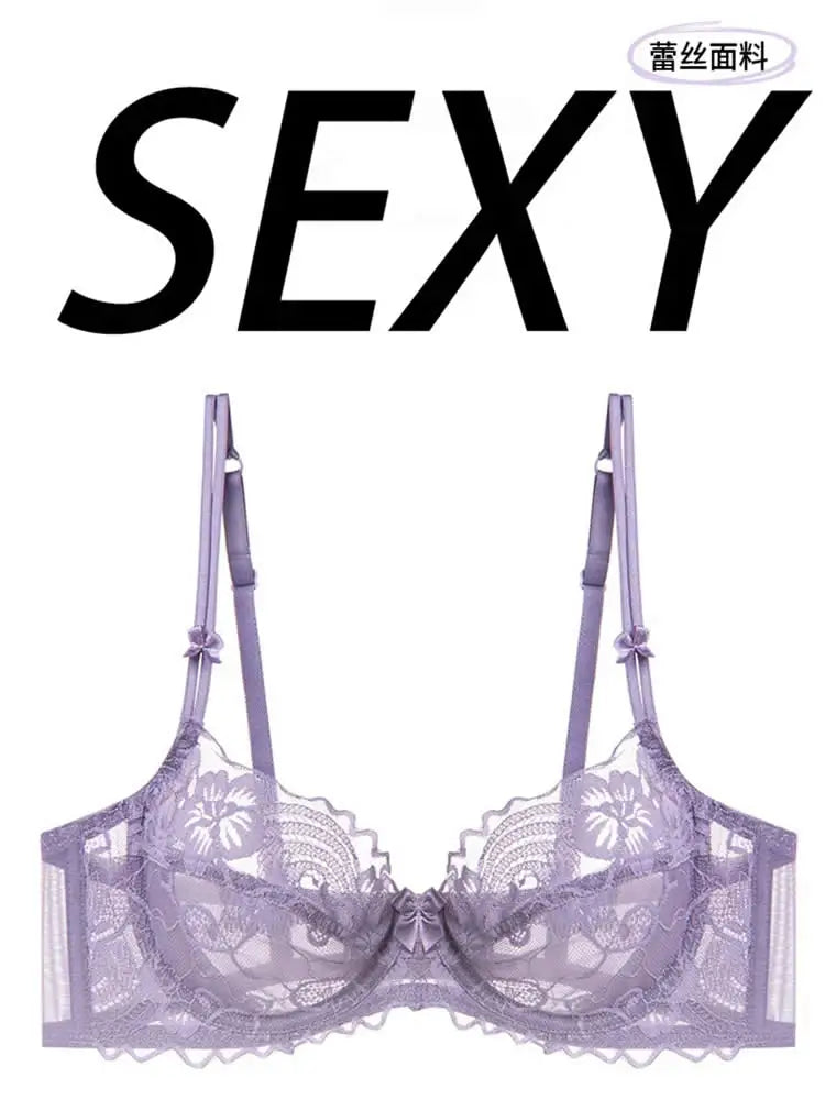 French Lace Lingerie Set Women Ultra Thin Sexy Underwire Bra&Panty Push Up Gather Breasts Pure Desire Large Breasts Support