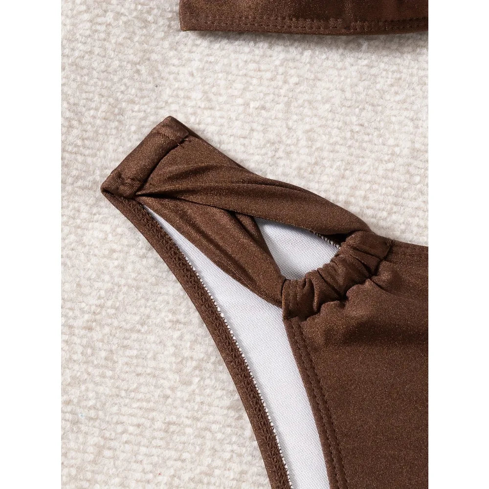 Sexy Brown Bikini 2025 Padded Bandeau Swimsuit Female Swimwear Women Thong Bikinis Set Bather Beachwear Bathing Suit Holiday