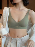 Women's Seamless Bra Push-Up Bralette With Pads U-Shape Back Non-wire Underwear Mesh Splice Breathable V-Neck Sexy Lingerie S-XL