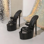 Summer Nightclub Round Toe Peep toe 16cm Extreme Platform High Heels Slippers Ladies Sexy Model Strap Sandals Mules Slides Shoes