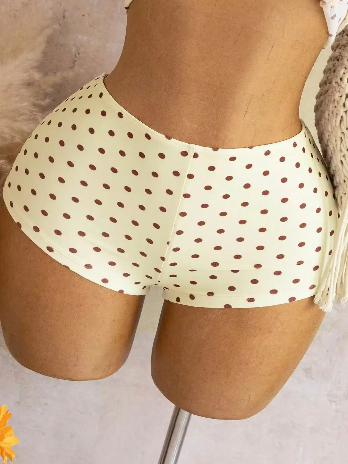 Vintage Yellow Polka Dot Print Bikini Set 2026 Women Metal Sun Ornament Mesh Tank Top High Waist Swimsuit Bathing Suit Swimwear