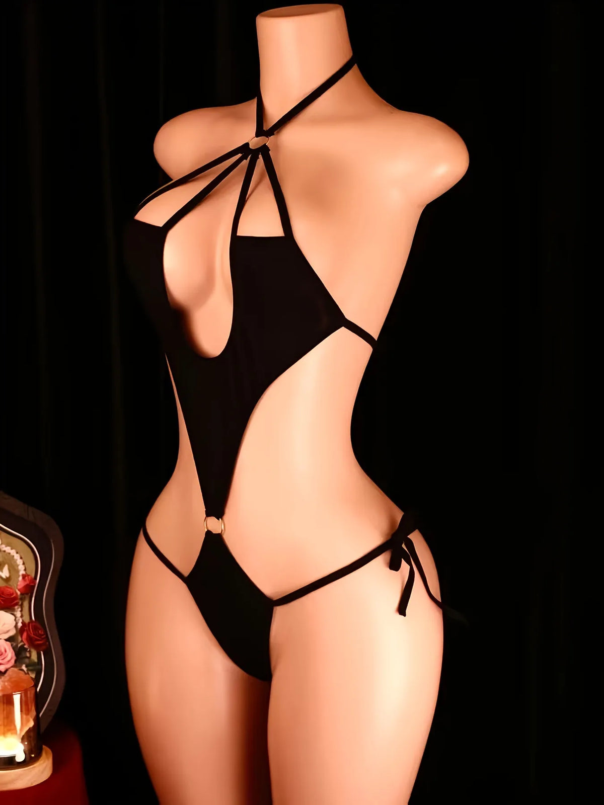 Women Black Cutout Bodysuit Lingerie Halter Neck Backless Teddy Tie Side Strappy One Piece Nightwear Party Outfit