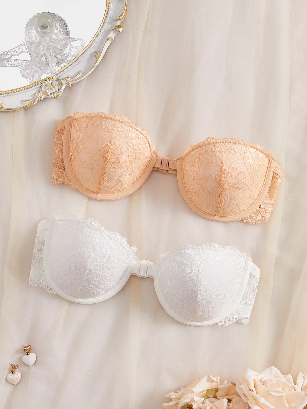 2PCS Lace Women's Strapless Bra Front Closure Non-slip Push Up Brassiere Breathable Solid Lingerie Top