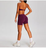 Spring Summer Seamless Yoga Sets Women Hanging Neck Back Criss Cross Sports Bra Gym Exersize Suit Outwear Gym Running Tracksuit