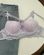 MOYISU Kawaii Heart Bra Set, Purple Lace Lingerie Sexy Pure Design, Push Up Bralette Sml Boobs Fashion Outerwear Statement Piece