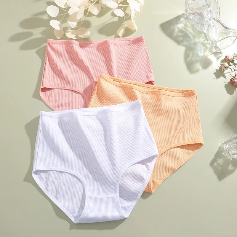 3Pcs women cotton High Waist underwear breathable Striped Panties Female Plus Size Solid Color Briefs comfortable Lingerie S-XXL