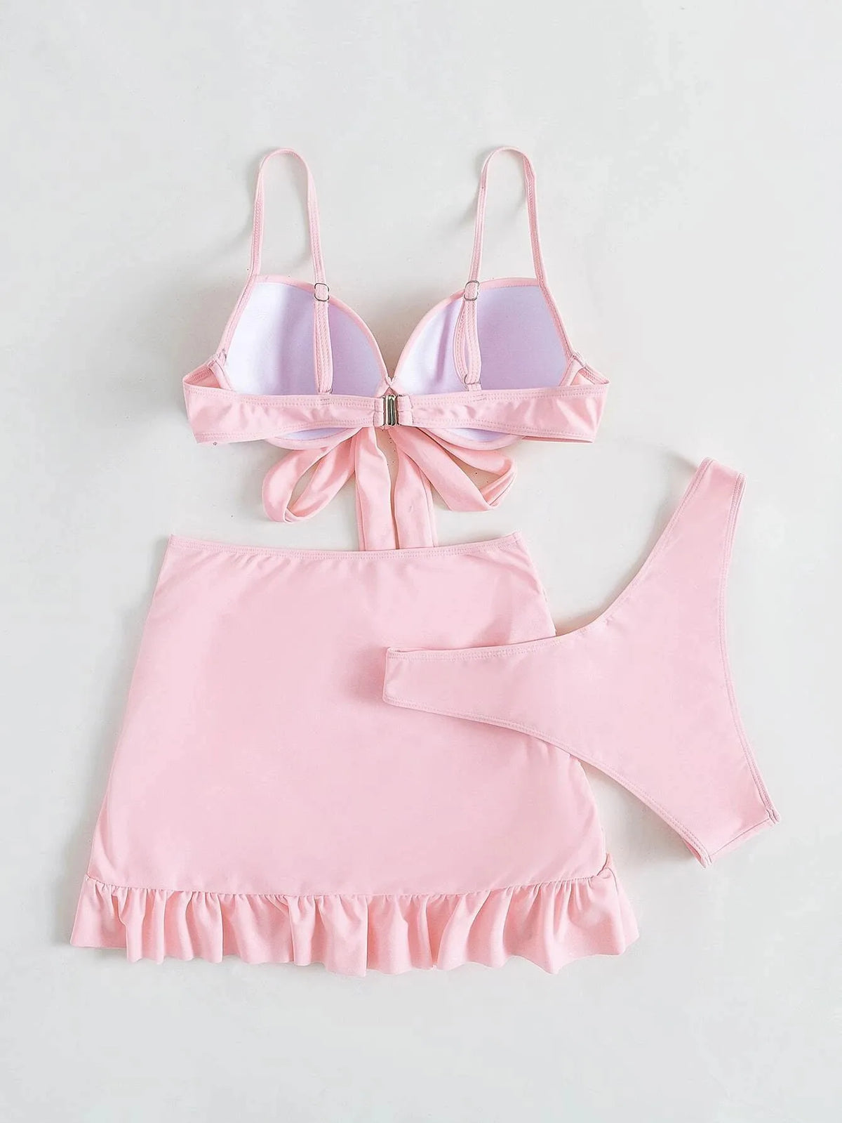Women solid tie bow push up bikini sets three pieces with wrinkled ruffles mini skirt swimsuit bathing suit beach outfits