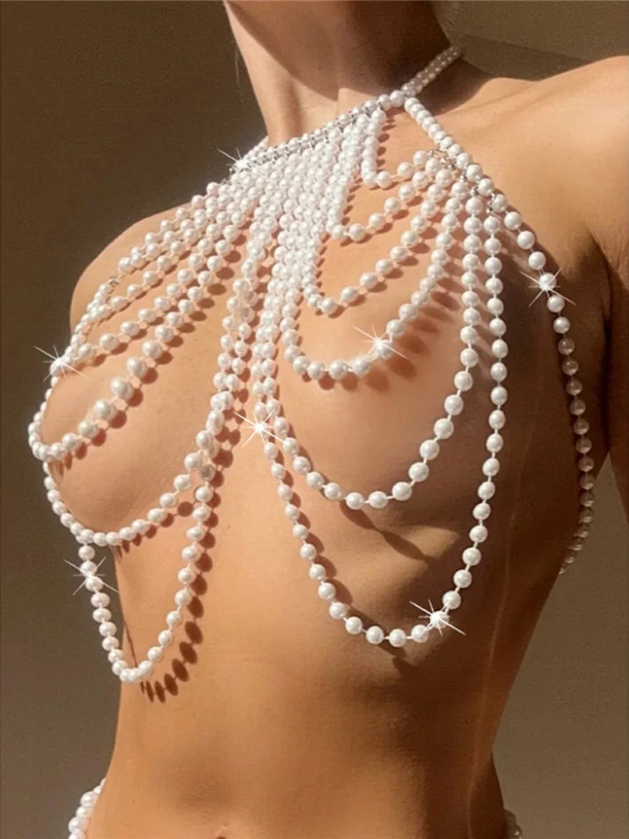 Luxury Pearls Chain Halter Hollow Out See Through Bikini Top Female Swimsuit Women Swimwear Bather Bathing Suit Swim Beach Top