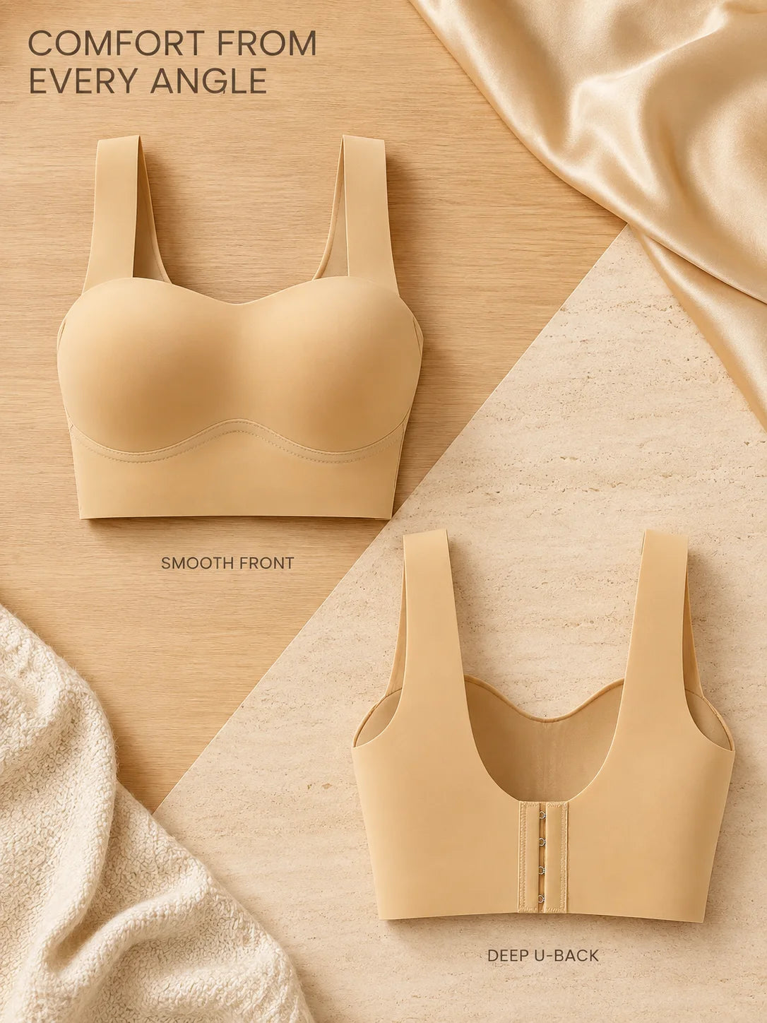 Women's Wirefree Seamless Bra, Back Closure U-Back Support Bra, No Steel Ring Comfortable Everyday Bra, Nude Invisible Underwear
