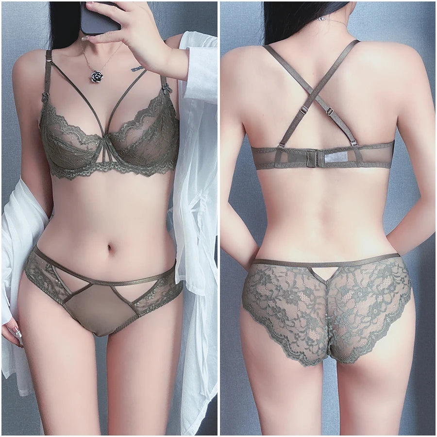 Sexy Lace Bra Set Large Breasts Ultra Thin Full Coverage Push Up Effect Big Cup Supporr Detachable Straps Pure Sensual Underwear