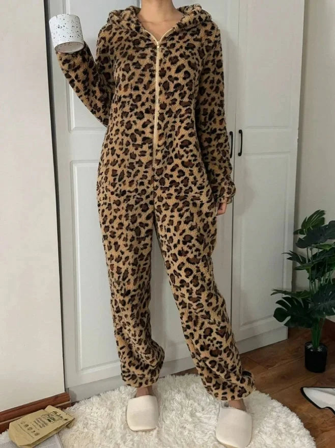 Thickened Coral Fleece Ladies Pajamas Winter Ear Printed Leopard Patterned Sleepwear One-Piece Home Clothes for Women Bodysuit