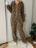 Thickened Coral Fleece Ladies Pajamas Winter Ear Printed Leopard Patterned Sleepwear One-Piece Home Clothes for Women Bodysuit