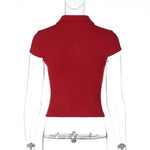 FDYOUI 2026 Women's T-shirts Turn-down Collar Single Breasted Short Sleeve Crop Tops Female Hollow Out Red Tee Shirt Streetwear