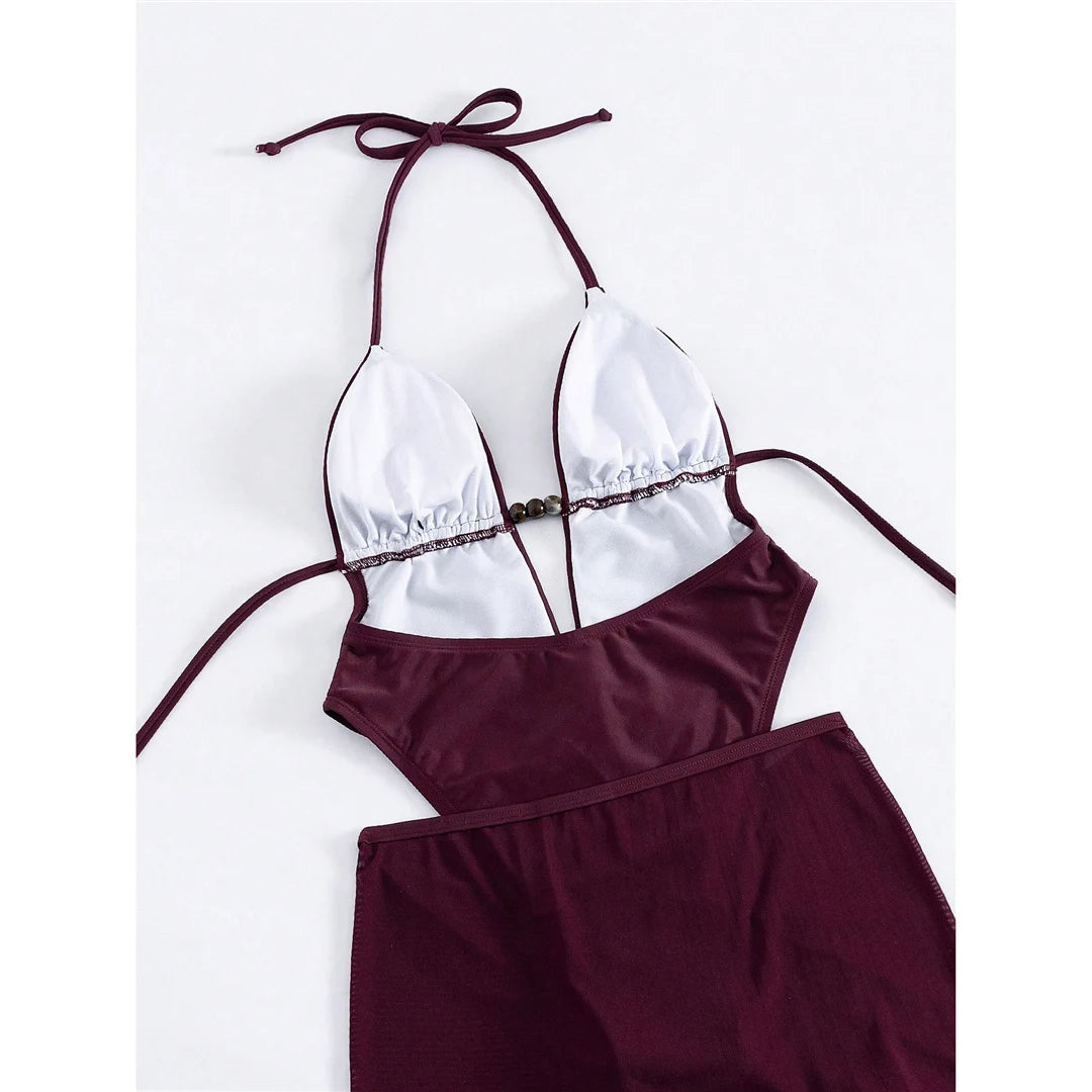 Sexy With Skirt Halter Deep V Neck Women Swimwear One Piece Swimsuit Female High Leg Cut Backless Bather Bathing Suit Swim V8112