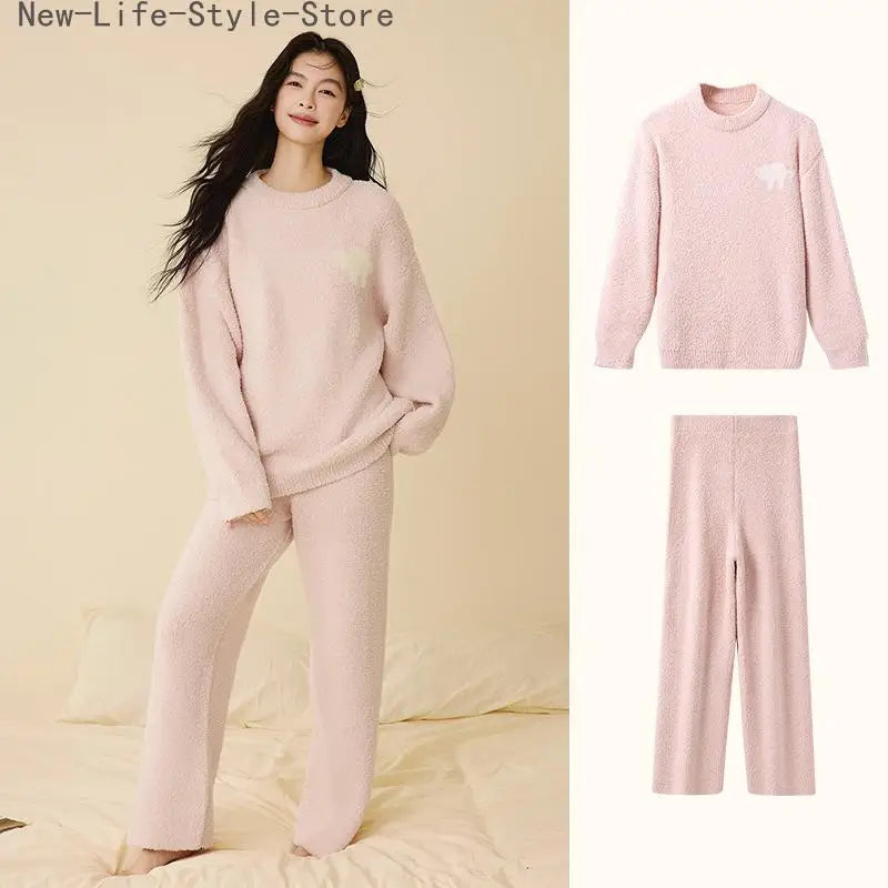Women Autumn Winter Half Fleece Pajama Set Solid Round Neck Thick Warm Soft Casual Homewear Sleepwear Suit Wearable Outside