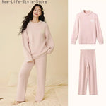 Women Autumn Winter Half Fleece Pajama Set Solid Round Neck Thick Warm Soft Casual Homewear Sleepwear Suit Wearable Outside