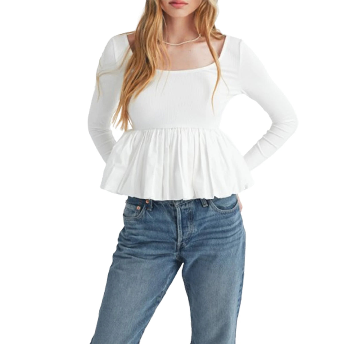 Women Long Sleeve Fall Peplum Tops Casual Solid Color Ruffled Hem Basic T-shirts Streetwear