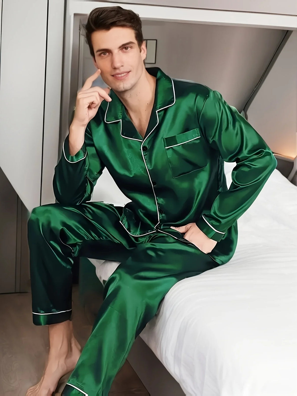 Ice Silk Pajama Sets for Men Sleepwear Satin Shirt Long Sleeve Tops and Long Pants Male Home Night Wear Plus Size Loungewear