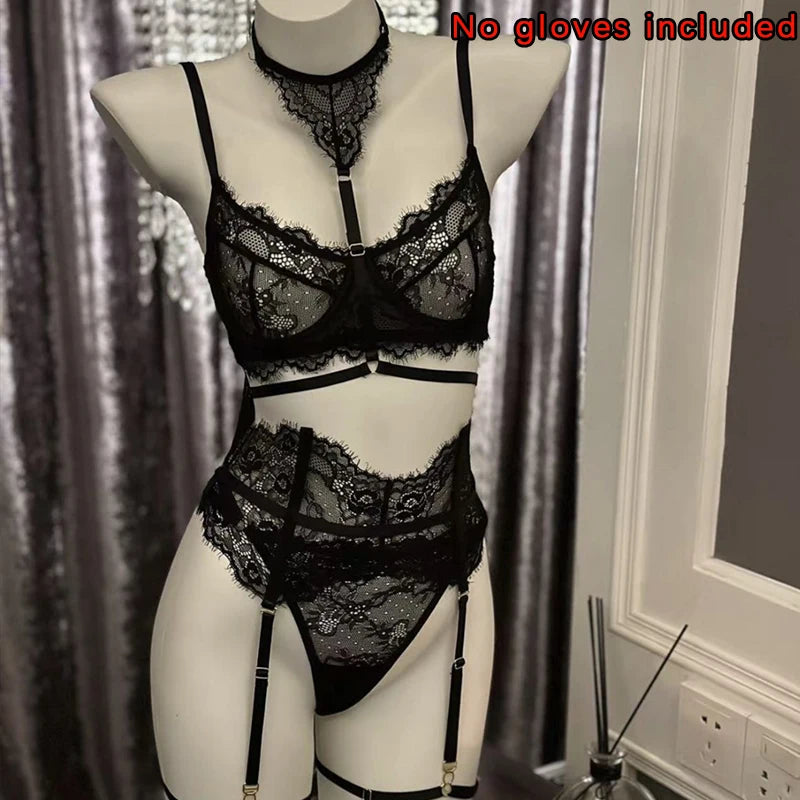 Toucheart Sexy Lingerie Suit for Women Lace Patchwork Halter Bra Set Solid Color Sexy Mesh See-through Garters Underwear Set New
