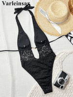 Lace Deep V Neck Halter Women Swimwear One Piece Swimsuit Female Monokini High Leg Cut Backless Bather Bathing Suit Swim V8264