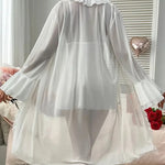 Pink Robe Set Underwear Sexy Lingerie Women's Kimono Gown Dress Perspective Nightdress Ruffles Bathrobe Summer Home Clothing
