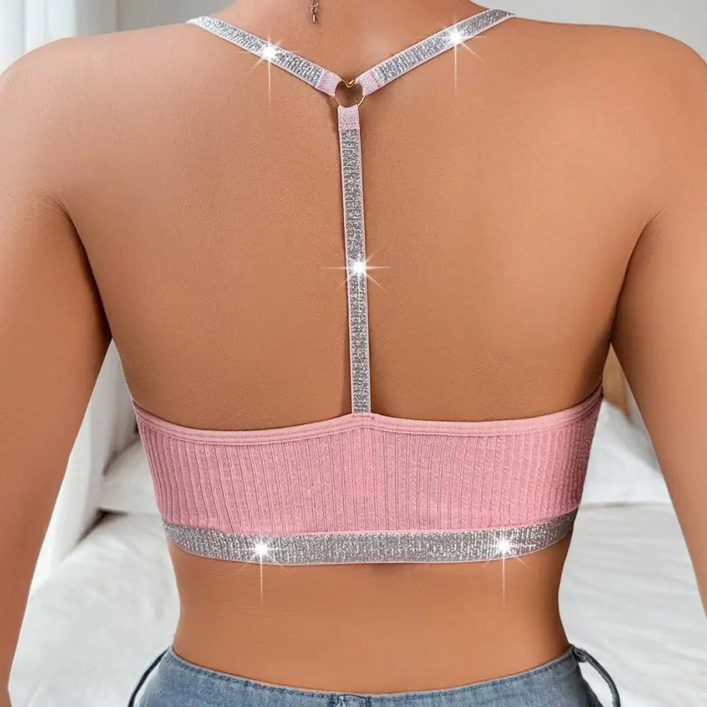 Women Vest Bra See-through Halter Neck Flower Backless Sports Style Knitted Elastic Crop Top Bra for Yoga Gym Running