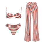 Striped 3Pcs Bandeau Biquini 2026 Women Sexy Swimsuit Push Up Swimwear Female Swimming Suits Low Waisted Bathingsuit Beachwear