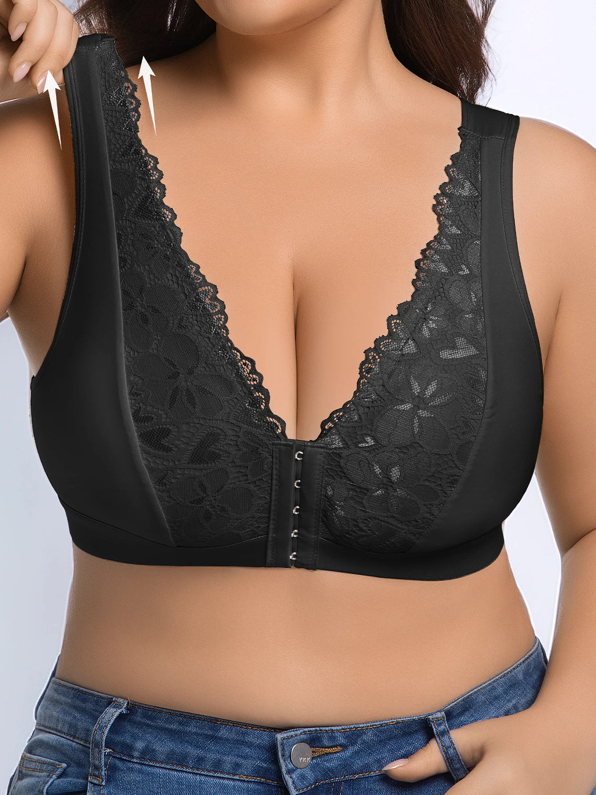 Wire-Free Plus Size Yoga Sports Bra, Wide Strap Front Buckle, Jacquard Lace, Shockproof Support Push Up Bra For Big Bust Women
