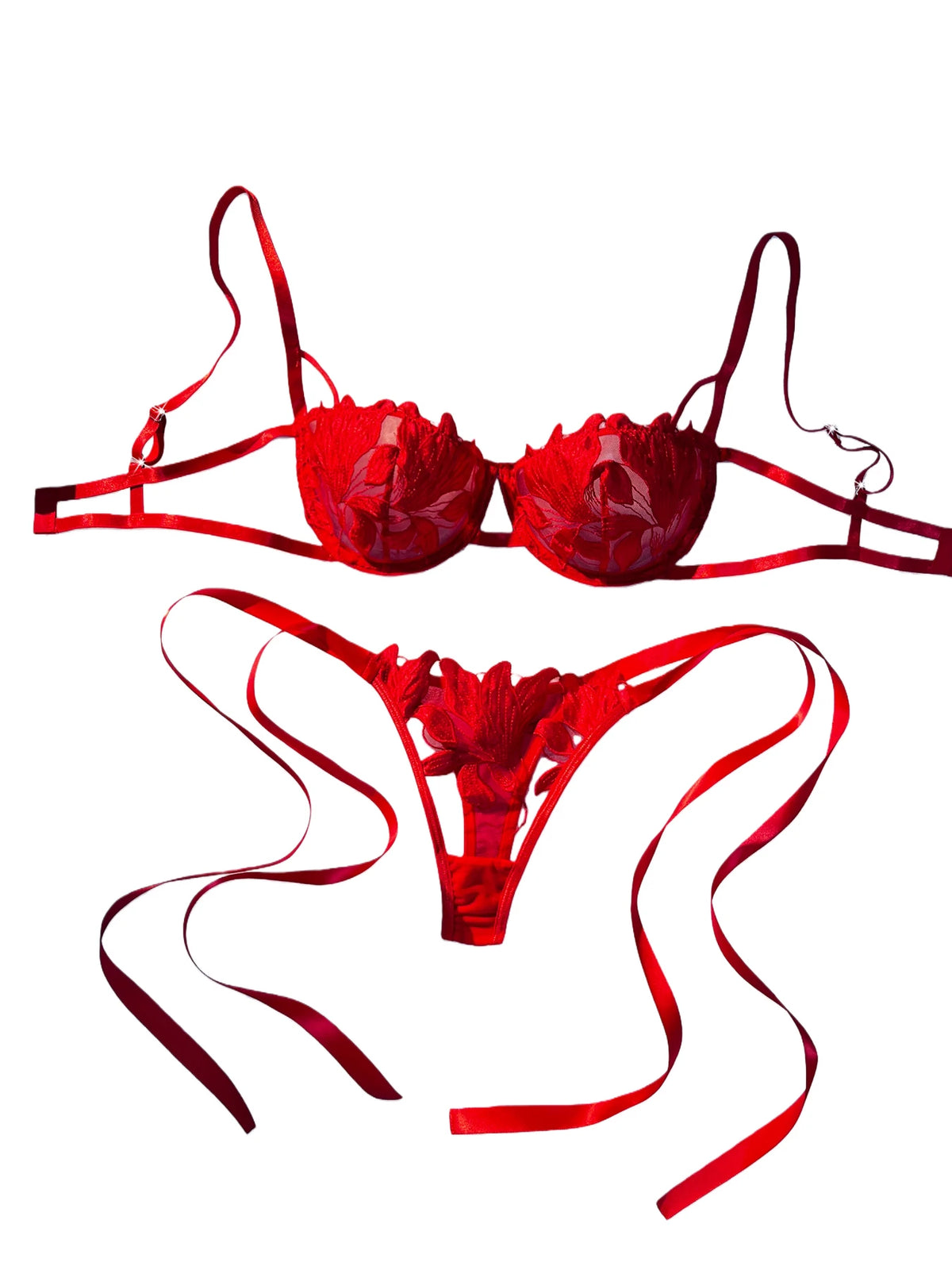 Ladies Floral Lace Thin Briefs Romantic Sexy Set with Belted Pants Elegant Shiny Underwear