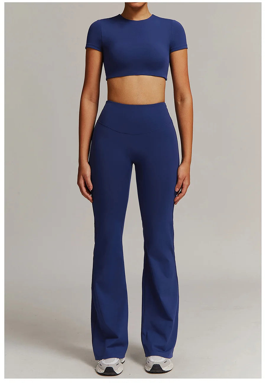 Women 2PCS Yoga Suit Sports Gym Set Tracksuit Workout Long Sleeve Shirt Fitness Flared leggings Short sleeve shorts running suit