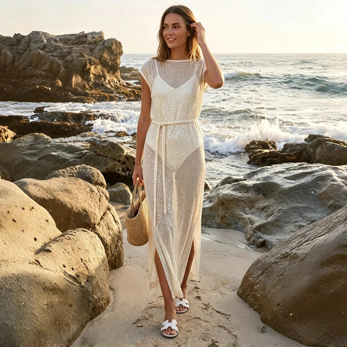 Women's Solid Color Knit Sheer Dress Summer Swim Cover Up Cap Sleeve Round Neck Sequin Dresses for Beach