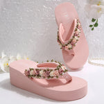 Fashion Flower Decor Wedge Flip Flops Women 2026 Summer Lightweight Platform Slippers Woman Chic Pink Thick Sole Beach Sandles