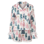 Womens Satin Christmas Pajamas Sets Print Button Up Long Sleeve Lapel V Neck Tops and Shorts Lounge Wear 2 Pieces Suits