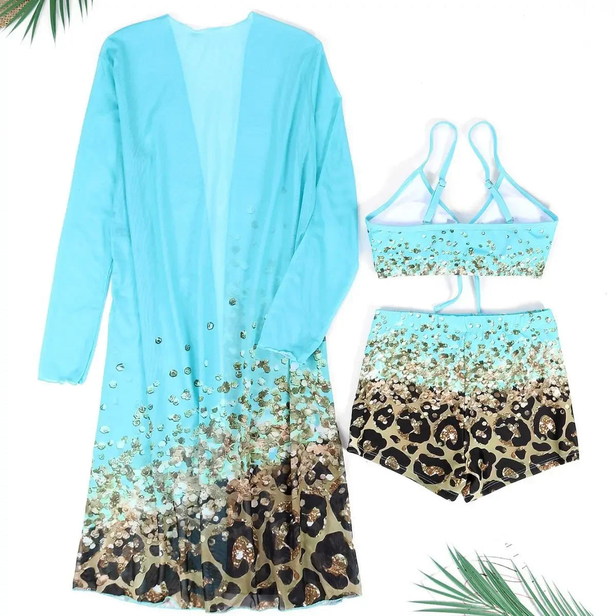 Women Bathing SuitPrint Leopard Bikinis 3 Pieces Swimsuit Kimono High Waist Bikini Shorts Long Sleeve Beach Cover Up Swimwear