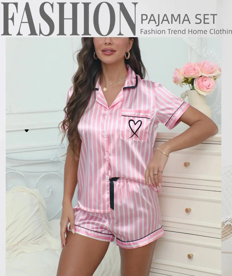 Ladies' Summer Striped Embroidered Love Victoria Style Pajama Set Short Sleeve Top Short Pants CasualTwo Piece Home Clothing