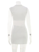 Ahagaga Women's Mini Dresses Stand Neck Hollow Out Sexy Slim Mesh Sheer Waist Bodycon Sleeveless Solid Casual Party Vestidos