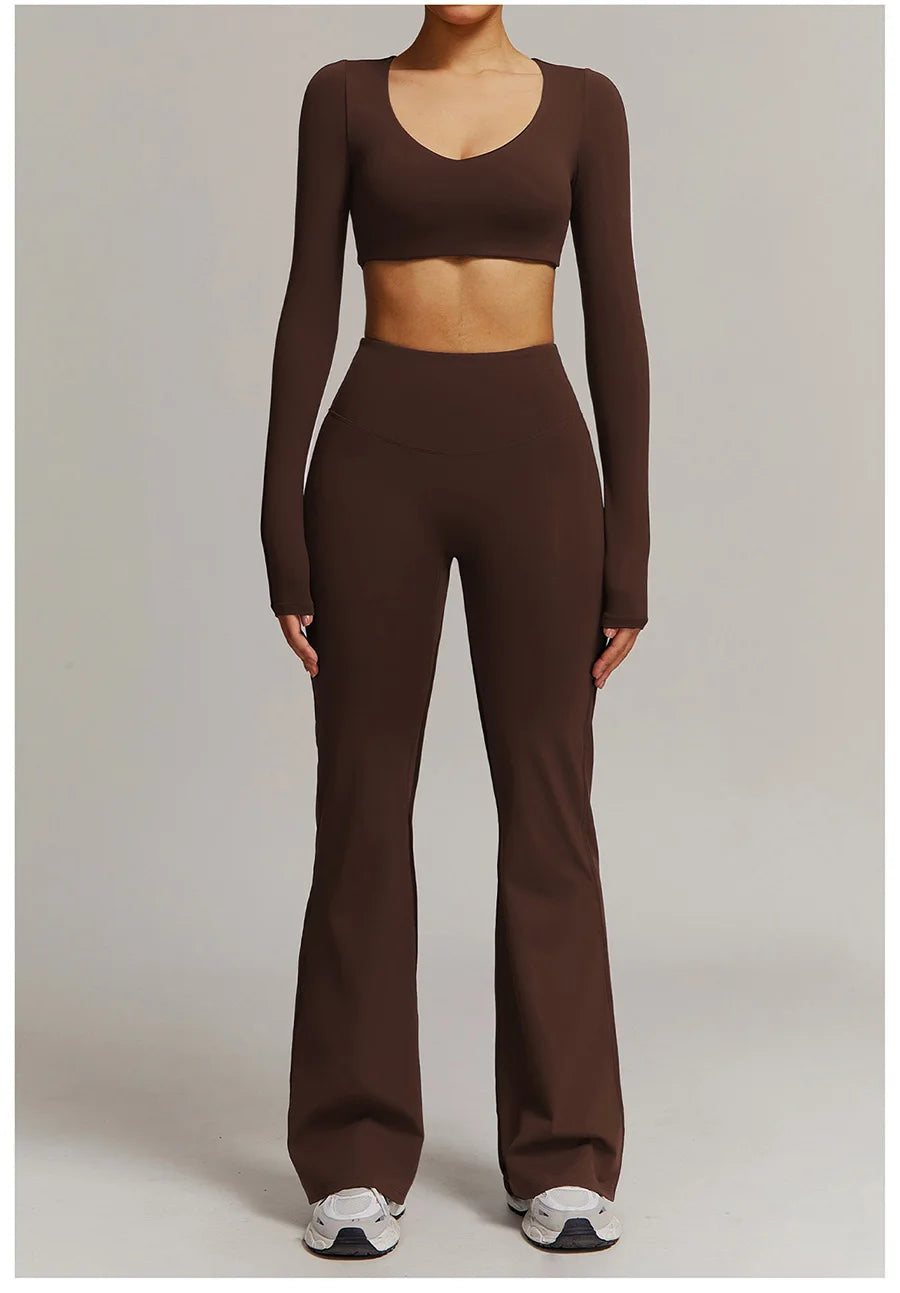 Women 2PCS Yoga Suit Sports Gym Set Tracksuit Workout Long Sleeve Shirt Fitness Flared leggings Short sleeve shorts running suit