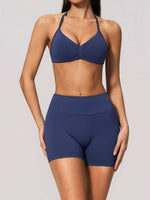 Seamless Yoga Suit Women Exposed Back Pleate Sports Bra High Waist Shorts Fitness Sets Outdoor Running Athletic Wear Tracksuit