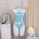 DEKA Women Blue Ruffled Tankini 2-Piece Swimsuit with Starfish Metal Halter Neck Top & High Waist Bottom Children Bathing Suits
