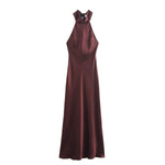 Elegant Solid Color Satin Halter Lace Up Long Dress Sexy Off Shoulder Backless Sleeveless Bodycon Dresses New Lady Party Robe