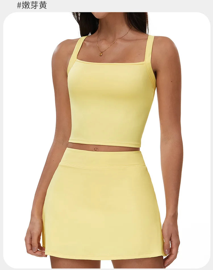 2 Piece Yoga Skirt Set Women Outdoor Neck Hanging Sports Vest High Waist Pleate A Line Skorts Fitness Suit Gym Workout Clothes