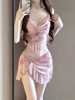 New Korean Style Bikini Set Women Pink Gradient Ruffles Push Up Mesh Skirt 3 Piece Swimsuit Summer Bathing Suit Holiday Swimwear