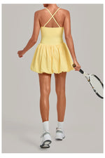 Fake Two Piece Tennis Dress Women Back Criss Cross Slim Bulit-in Shorts Golf Athletic Dresses Gym Pleated Fluffy Yoga Mini Dress