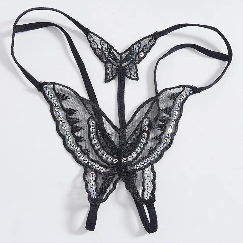 Double-Layer Thin Strap Sexy Thong Butterfly Embroidery Low Waist Sexy Bikini Pure Lace Sequins T-Shaped Panties Sexy G-strings